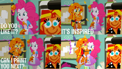 Size: 2000x1125 | Tagged: safe, edit, edited screencap, editor:quoterific, imported from derpibooru, screencap, pinkie pie, sunset shimmer, human, eqg summertime shorts, equestria girls, the art of friendship, duo, duo female, eyes closed, female, hug, one eye closed, open mouth, pointing, teeth