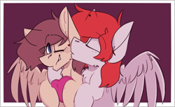 Size: 733x449 | Tagged: safe, artist:kirbirb, imported from derpibooru, oc, oc only, oc:scarlett lane, oc:snaggletooth, pegasus, pony, cheek kiss, duo, freckles, gay, kissing, male