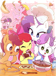 Size: 1192x1600 | Tagged: safe, artist:fuyugi, artist:nendo, imported from derpibooru, apple bloom, pinkie pie, rarity, scootaloo, sweetie belle, twilight sparkle, earth pony, pegasus, pony, unicorn, :p, adorabloom, baking, book, bowl, chef's hat, chocolate, clothes, cute, cutealoo, cutie mark crusaders, diapinkes, diasweetes, eyes closed, female, filly, foal, food, hat, holiday, hoof hold, horn, licking, licking lips, lidded eyes, mare, milk, open clothes, open mouth, raribetes, signature, spread wings, tongue out, twiabetes, valentine's day, whisk, white pupils, wings