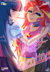 Size: 2112x3000 | Tagged: safe, artist:hanasakiyunarin, imported from derpibooru, sunset shimmer, twilight sparkle, equestria girls, camera shot, choker, clothes, cute, cutie mark, cutie mark on clothes, duo, female, holiday, human coloration, lesbian, looking at you, shipping, smiling, sunlight, sunsetsparkle, thermometer, tongue out, valentine's day