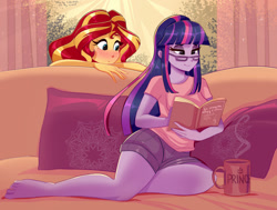 Size: 1280x966 | Tagged: safe, artist:xjenn9, imported from derpibooru, sci-twi, sunset shimmer, twilight sparkle, equestria girls, barefoot, bedroom eyes, blushing, book, clothes, couch, couple, curtains, cushion, cute, cyrillic, denim shorts, duo, duo female, feet, female, glasses, indoors, legs, lesbian, living room, mug, multicolored hair, on couch, purple eyes, purple skin, reading, russian, scitwishimmer, shipping, shirt, shorts, sitting, smiling, sparkles, sunlight, sunsetsparkle, t-shirt, teal eyes, thighs, translated in the comments, window, yellow skin