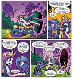 Size: 953x1014 | Tagged: safe, idw, imported from derpibooru, princess celestia, princess luna, alicorn, pony, legends of magic, spoiler:comic, spoiler:comiclom1, castle of the royal pony sisters, comic, duo, duo female, female, implied starswirl, mare, night, portal, reconciliation, siblings, sisters, young celestia, young luna