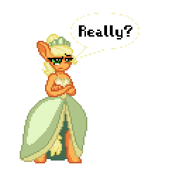 Size: 240x240 | Tagged: safe, artist:zeka10000, imported from derpibooru, applejack, anthro, earth pony, pony, alternate hairstyle, applejack also dresses in style, clothes, crossover, disney, dress, female, jewelry, pixel art, princess and the frog, princess applejack, princess tiana, requested art, simple background, solo, text, the princess and the frog, tiana, tiara, transparent background