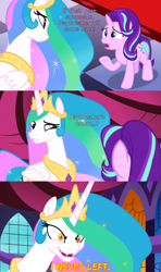 Size: 800x1350 | Tagged: safe, artist:knightoftheraven, artist:roseluck, edit, edited screencap, editor:knightoftheraven, editor:roseluck, imported from derpibooru, screencap, daybreaker, princess celestia, starlight glimmer, alicorn, pony, unicorn, a royal problem, 3 panel comic, bad end, canterlot castle, canterlot castle interior, close-up, colored, comic, creepy, crown, dialogue, duo, duo female, english, ethereal mane, evil grin, eyebrows down, fangs, female, flat colors, folded wings, fridge horror, gem, glowing eyes, grin, horn, imminent transformation, inkscape, jewelry, looking at each other, mare, oh crap, open mouth, peytral, raised eyebrow, raised hoof, regalia, screencap comic, show accurate, slasher smile, smiling, standing, vector, wings, worried