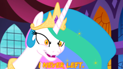 Size: 1920x1080 | Tagged: safe, artist:knightoftheraven, artist:roseluck, edit, edited screencap, editor:knightoftheraven, editor:roseluck, imported from derpibooru, screencap, daybreaker, princess celestia, alicorn, pony, a royal problem, canterlot castle, canterlot castle interior, colored, crown, dialogue, english, ethereal mane, evil grin, fangs, female, flat colors, fridge horror, gem, glowing eyes, grin, horn, inkscape, jewelry, mare, open mouth, peytral, regalia, show accurate, slasher smile, smiling, solo, vector, wallpaper
