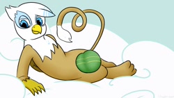 Size: 1280x720 | Tagged: safe, artist:wingston, imported from derpibooru, oc, oc only, oc:chrono the griffon, griffon, censored, cloud, commission, digital art, looking at you, lying down, male, not gilda, sky, solo, tail, wings