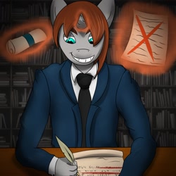 Size: 1280x1280 | Tagged: safe, artist:wingston, imported from derpibooru, oc, oc only, anthro, unicorn, book, clothes, creepy, creepy smile, digital art, glowing horn, grin, horn, library, lidded eyes, magic, male, necktie, quill, smiling, solo, suit, writing