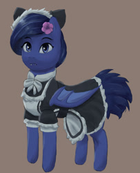 Size: 1280x1580 | Tagged: safe, artist:monx94, imported from derpibooru, oc, oc only, oc:freudensonne, bat pony, pony, bat pony oc, bat wings, blue eyes, blushing, clothes, cute, fangs, flower, flower in hair, full body, looking at you, maid, maid headdress, solo, wings