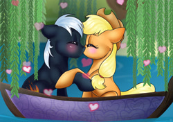 Size: 2150x1512 | Tagged: safe, artist:ali-selle, imported from derpibooru, applejack, oc, oc:dragon, earth pony, pony, blushing, boat, canon x oc, dragojack, female, hearts and hooves day, kissing, male, shipping, straight, water
