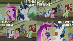 Size: 1986x1117 | Tagged: safe, edit, edited screencap, editor:quoterific, imported from derpibooru, screencap, linky, princess cadance, royal riff, sassaflash, shining armor, shoeshine, spearhead, alicorn, earth pony, pegasus, pony, unicorn, a flurry of emotions, a thousand nights in a hallway, art or a mistake, background pony, butt, crown, duo, female, i have no idea, jewelry, male, mare, meme, open mouth, plot, regalia, shield, stallion