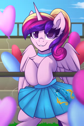 Size: 1800x2700 | Tagged: safe, artist:shadowreindeer, imported from derpibooru, princess cadance, alicorn, pony, balloon, chest fluff, clothes, cute, cutedance, eye clipping through hair, female, heart, heart balloon, high res, holiday, looking at you, mare, skirt, smiling, smiling at you, solo, valentine's day