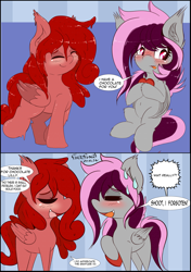 Size: 2109x3003 | Tagged: safe, artist:freefraq, imported from derpibooru, oc, oc only, oc:cherry slime, oc:lilac san, bat pony, goo, goo pony, original species, bat pony oc, bat wings, comic, cute, wings