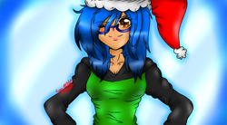 Size: 1080x594 | Tagged: safe, artist:juliet-gwolf18, imported from derpibooru, oc, oc only, oc:sketchy, human, blushing, bust, christmas, clothes, female, hat, holiday, humanized, one eye closed, santa hat, signature, smiling, solo, wink