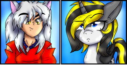 Size: 1080x553 | Tagged: safe, artist:juliet-gwolf18, imported from derpibooru, oc, oc:juliet, alicorn, human, alicorn oc, bust, clothes, crossover, eyebrows, eyebrows visible through hair, female, horn, inuyasha, male, mare, smiling, suspicious, wings