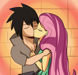 Size: 2080x2017 | Tagged: safe, artist:artiks, imported from derpibooru, fluttershy, human, equestria girls, crack shipping, crossover, crossover shipping, eyes closed, female, holiday, kissing, male, shipping, straight, uchiha sasuke, valentine's day
