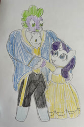 Size: 726x1100 | Tagged: safe, artist:stackercoat, imported from derpibooru, rarity, spike, beauty and the beast, female, male, shipping, sparity, straight, traditional art