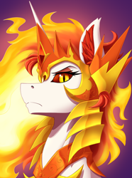 Size: 2000x2692 | Tagged: safe, artist:twotail813, imported from derpibooru, daybreaker, alicorn, pony, equestria at war mod, armor, bust, eyeshadow, female, horn, horn guard (armor), looking at you, makeup, portrait, solo