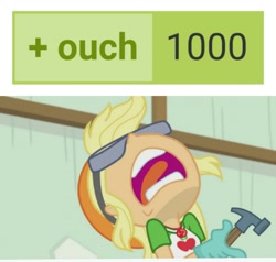 Size: 1143x1088 | Tagged: safe, edit, imported from derpibooru, screencap, applejack, human, derpibooru, constructive criticism, equestria girls, equestria girls series, aaugh!, female, hammer, meta, milestone, nose in the air, open mouth, ouch, pain, safety goggles, screaming, solo, tags