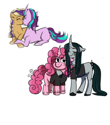 Size: 3500x4000 | Tagged: safe, artist:yonipony, imported from derpibooru, oc, oc:candy cloud, oc:crystal darlene, oc:record scratch, oc:starbeam, earth pony, unicorn, eyeshadow, female, goth, holiday, kissing, lesbian, long hair, magical lesbian spawn, makeup, male, not pinkie pie, offspring, parent:applejack, parent:fluttershy, parent:pinkie pie, parent:rarity, parent:starlight glimmer, parent:sunburst, parents:flutterpie, parents:rarijack, parents:starburst, straight, valentine's day