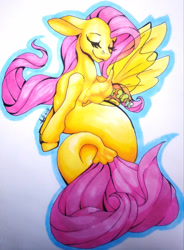 Size: 2103x2851 | Tagged: safe, artist:vertayara, imported from derpibooru, fluttershy, pegasus, pony, seapony (g4), clothes, cute, eyes closed, female, fin wings, fish tail, flowing mane, flowing tail, pink mane, seaponified, seapony fluttershy, see-through, shyabetes, signature, simple background, smiling, solo, species swap, tail, white background, wings