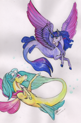 Size: 1988x3015 | Tagged: safe, artist:sagastuff94, imported from derpibooru, princess skystar, twilight sparkle, alicorn, pony, seapony (g4), my little pony: the movie, bubble, curly hair, dorsal fin, female, fin wings, fins, fish tail, flower, flower in hair, flowing mane, flowing tail, freckles, horn, jewelry, looking at each other, necklace, open mouth, pearl necklace, seaponified, seapony twilight, signature, simple background, smiling, species swap, spread wings, swimming, tail, traditional art, twilight sparkle (alicorn), watercolor painting, wings