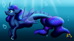 Size: 3285x1825 | Tagged: safe, artist:calamity-studios, imported from derpibooru, princess luna, alicorn, merpony, pony, blue eyes, bubble, clothes, colored pupils, crepuscular rays, dorsal fin, ethereal mane, female, fin wings, fins, fish tail, flowing mane, flowing tail, horn, lidded eyes, logo, ocean, seaponified, seapony luna, see-through, smiling, solo, species swap, starry mane, starry tail, sunlight, swimming, tail, underwater, water, wings