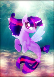 Size: 1386x1976 | Tagged: safe, artist:snufi1000, imported from derpibooru, twilight sparkle, alicorn, pony, seapony (g4), bubble, clothes, crepuscular rays, deviantart watermark, dorsal fin, female, fin wings, fish tail, flowing mane, flowing tail, horn, obtrusive watermark, ocean, purple eyes, seaponified, seapony twilight, see-through, solo, species swap, sunlight, tail, twilight sparkle (alicorn), underwater, water, watermark, wings