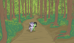 Size: 2624x1529 | Tagged: safe, artist:happy harvey, imported from derpibooru, oc, oc only, oc:filly anon, oc:zala, earth pony, pony, zebra, backpack, bedroll, bracelet, bush, colored, dirt, drawn on phone, female, filly, forest, grass, jewelry, journey, phone drawing, rope, scenery, shading, trail, travelling, walking, zebra oc