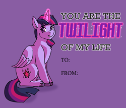 Size: 3500x3000 | Tagged: safe, artist:applejackofalltrades, imported from derpibooru, twilight sparkle, alicorn, pony, glowing horn, hearts and hooves day, holiday, horn, magic, magic aura, smiling, solo, text, twilight sparkle (alicorn), valentine's day, valentine's day card