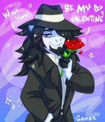 Size: 772x894 | Tagged: safe, artist:thegamercolt, imported from derpibooru, oc, oc only, oc:thegamercolt, anthro, earth pony, clothes, flower, hat, long mane, rose, solo, three fingers