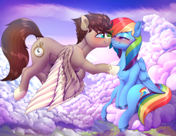 Size: 7800x6060 | Tagged: safe, artist:dankflank, imported from derpibooru, rainbow dash, oc, oc:skittle, pegasus, pony, blushing, canon x oc, chest fluff, cloud, commission, dock, duo, eyes closed, female, flying, male, mare, nuzzling, shipping, sitting, skidash, smiling, stallion, straight