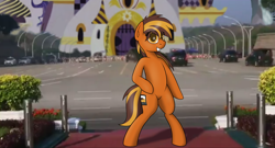 Size: 2500x1350 | Tagged: safe, artist:ponynamedmixtape, imported from derpibooru, oc, oc only, oc:cassette, earth pony, pony, bipedal, canterlot, coup, dancing, eyelashes, female, mare, meme, myanmar, myanmar coup, ponified, ponified meme, real life background, smiling, solo, teeth