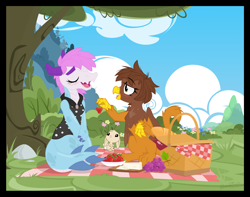 Size: 1500x1179 | Tagged: safe, artist:sherathoz, imported from derpibooru, oc, oc only, dragon, griffon, rabbit, animal, basket, cloud, food, grapes, picnic, picnic basket, picnic blanket, show accurate, strawberry, tree