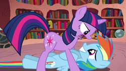 Size: 1920x1080 | Tagged: safe, imported from derpibooru, screencap, rainbow dash, twilight sparkle, pegasus, pony, unicorn, double rainboom, angry, duo, female, golden oaks library, grin, library, looking at each other, looking at someone, mare, nervous, nervous grin, smiling, twilight is not amused, twilight sparkle is not amused, unamused, unicorn twilight