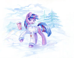 Size: 1155x900 | Tagged: safe, artist:maytee, imported from derpibooru, twilight sparkle, pony, unicorn, clothes, coffee cup, colored pencil drawing, cup, jacket, solo, traditional art, unicorn twilight, winter