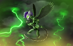 Size: 4050x2580 | Tagged: safe, artist:singovih, imported from derpibooru, oc, oc only, oc:dawn, oc:dawn (project horizons), oc:dawn enclave, cyborg, cyborg pony, pegasus, pony, fallout equestria, fallout equestria: project horizons, evil grin, fanfic art, female, grin, level 3 (harbinger cyberpunk) (project horizons), lightning, looking at you, mare, sky, smiling, smiling at you, solo, wings