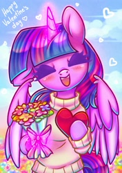 Size: 2480x3508 | Tagged: safe, artist:musicfirewind, artist:wavecipher, imported from derpibooru, twilight sparkle, alicorn, pony, semi-anthro, blushing, bouquet, clothes, eyes closed, flower, glowing horn, heart, holiday, horn, open mouth, smiling, solo, sweater, twilight sparkle (alicorn), valentine's day