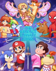 Size: 1617x2048 | Tagged: safe, artist:domestic-hedgehog, imported from derpibooru, rainbow dash, fairy, human, hylian, equestria girls, barely eqg related, bowser jr, cartoon network, clothes, cosmix, crash bandicoot, crash bandicoot (series), crossed arms, crossover, crown, ear piercing, earring, fairy wings, fire emblem, harp, jewelry, mario, mario & sonic, mario and sonic, musical instrument, nintendo, piercing, ponied up, princess daisy, princess zelda, regalia, scooby doo, sega, sonic the hedgehog, sonic the hedgehog (series), spider-man, sports outfit, stella (winx club), steven quartz universe, steven universe, super mario bros., super ponied up, super smash bros., sword, teenage mutant ninja turtles, the legend of zelda, weapon, wings, winx club