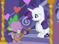 Size: 3570x2706 | Tagged: safe, artist:porygon2z, imported from derpibooru, rarity, spike, dragon, pony, unicorn, eyes closed, female, guitar, hearts and hooves day, holiday, hooves on chest, male, musical instrument, open mouth, shipping, singing, sparity, straight, valentine's day