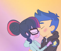 Size: 1280x1087 | Tagged: safe, artist:kucysia123, imported from derpibooru, flash sentry, sci-twi, twilight sparkle, human, equestria girls, base used, blue hair, boyfriend, clothes, duo, eyes closed, female, flashlight, girlfriend, glasses, hoodie, kiss on the lips, kissing, male, multicolored hair, purple skin, sciflash, shipping, straight, tomboy