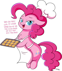 Size: 1677x1915 | Tagged: safe, artist:wownamesarehard, derpibooru exclusive, imported from derpibooru, pinkie pie, earth pony, pony, apron, baking sheet, baking tray, chef's hat, chest fluff, clothes, cookie, copypasta, cute, dialogue, female, food, garfield, hat, looking at you, mare, meme, simple background, solo, transparent background, wat, why do they call it oven