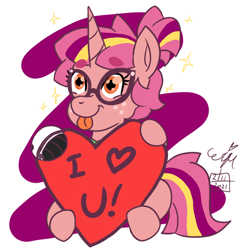 Size: 1200x1200 | Tagged: safe, artist:erenerakhard, artist:erynerikard, imported from derpibooru, oc, oc only, oc:dawn twinkle, pony, unicorn, amputee, digital art, female, glasses, hearts and hooves day, holiday, magical lesbian spawn, mare, offspring, parent:sunset shimmer, parent:twilight sparkle, parents:sunsetsparkle, prosthetic leg, prosthetic limb, prosthetics, solo, sparkles, tongue out, valentine's day