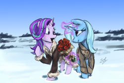 Size: 3232x2171 | Tagged: safe, artist:elisdoominika, imported from derpibooru, starlight glimmer, trixie, pony, unicorn, blushing, bouquet, clothes, coat, female, flower, hearts and hooves day, holiday, lesbian, magic, rose, scenery, shipping, sky, smiling, snow, startrix, valentine's day, winter