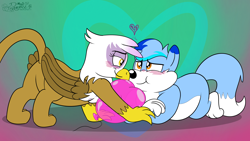 Size: 3840x2160 | Tagged: safe, artist:rupertbluefox, imported from derpibooru, gilda, oc, oc:rupert the blue fox, earth pony, fox, fox pony, griffon, hybrid, original species, pony, balloon, blushing, butt, canon x oc, chubby, cute, female, gildadorable, heart, heart balloon, heart eyes, hearts and hooves day, holiday, looking at each other, lying down, male, ocbetes, pale belly, plot, prone, rupertbetes, shipping, smiling, straight, that fox sure does love balloons, that pony sure does love balloons, valentine's day, wingding eyes