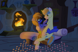 Size: 1280x851 | Tagged: safe, artist:pure-blue-heart, imported from derpibooru, oc, oc only, oc:blue book, oc:bluebook, oc:light show, pegasus, pony, unicorn, female, fireplace, glasses, male, mare, outdated couple, stallion, two toned wings, wings