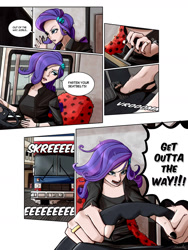 Size: 1800x2400 | Tagged: safe, artist:ilacavgbmjc, imported from derpibooru, rarity, human, equestria girls, boots, bus, clothes, comic, comic page, crossover, driving, gloves, high heels, humanized, motorcross, pedal, road rage, seat, shoes, solo, spice girls, spice world, steering wheel, stiletto heels