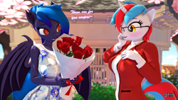 Size: 1920x1080 | Tagged: safe, artist:anthroponiessfm, imported from derpibooru, oc, oc only, oc:audina puzzle, oc:wavelength, anthro, bat pony, 3d, anthro oc, bat pony oc, bat wings, blushing, bouquet, clothes, cute, dress, female, flower, glasses, holiday, lesbian, looking at each other, rose, source filmmaker, valentine's day, wings