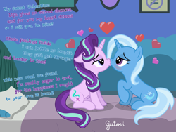 Size: 2084x1563 | Tagged: safe, artist:gutovi, imported from derpibooru, starlight glimmer, trixie, pony, unicorn, bed, blushing, duo, female, heart, hearts and hooves day, holiday, kiss on the lips, kissing, kissy face, lesbian, lidded eyes, love, mare, on bed, poem, raised hoof, shipping, show accurate, signature, starlight's room, startrix, valentine's day