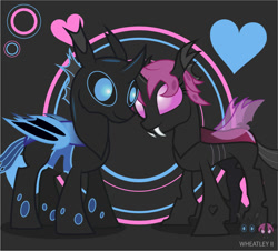 Size: 992x896 | Tagged: safe, artist:wheatley r.h., derpibooru exclusive, imported from derpibooru, oc, oc only, oc:lara, oc:w. rhinestone eyes, changeling, bat wings, fangs, female, happy together, heart, hearts and hooves day, holiday, honeypot changeling, horn, horns are touching, male, mare, single panel, song reference in the description, stallion, the turtles, valentine's day, vector, watermark, wings