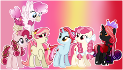 Size: 2410x1383 | Tagged: safe, artist:eonionic, imported from derpibooru, oc, oc only, oc:ambrosia, oc:candy hearts, oc:cupid rose, oc:love bug, oc:lucky match, oc:quick flame, changepony, earth pony, hippogriff, hybrid, pegasus, pony, unicorn, female, interspecies offspring, magical lesbian spawn, mare, offspring, parent:angel wings, parent:apple bloom, parent:cozy glow, parent:fire flare, parent:fluttershy, parent:gilda, parent:pinkie pie, parent:princess amore, parent:princess cadance, parent:queen chrysalis, parent:rainbow dash, parent:scarlet heart, parents:cozybloom, parents:flutterdance, parents:gildapie